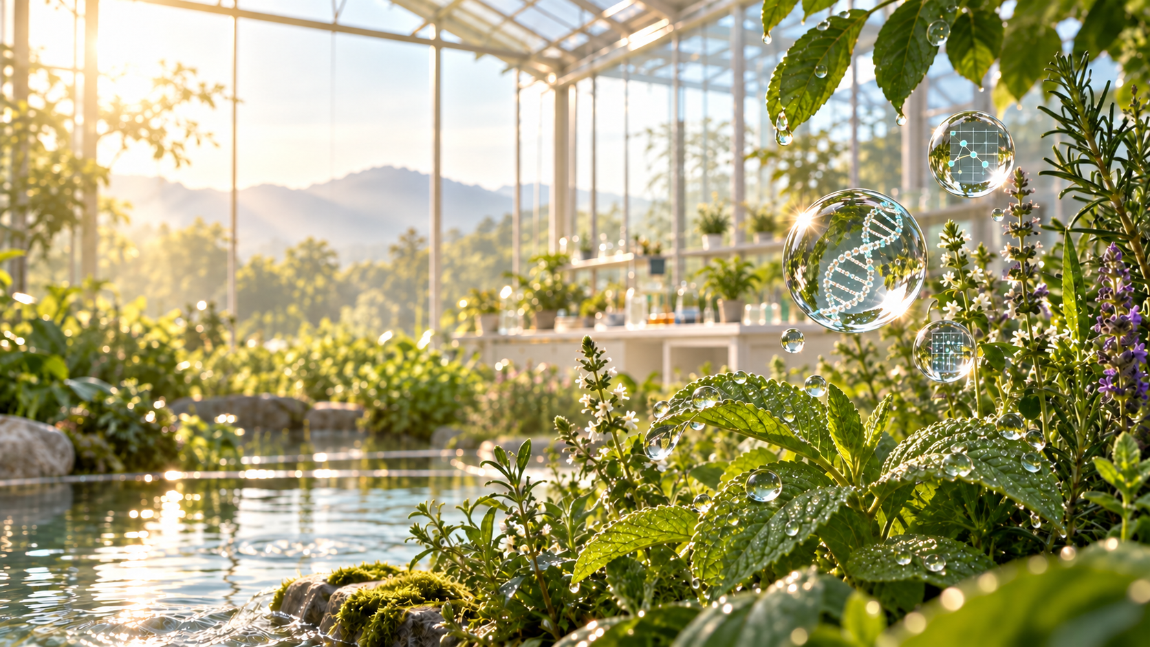 晨光照進植物研究溫室，水面、露珠與基因數據水滴交織